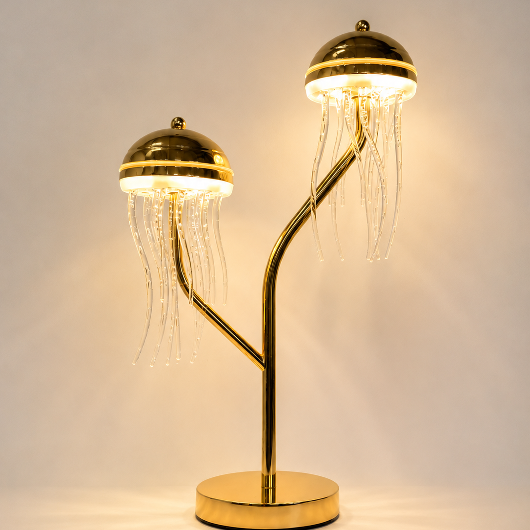 Lámpara de Mesa LED Medusas de Cristal Dorada | Lámpara Decorativa para Mesita de Noche y Sala